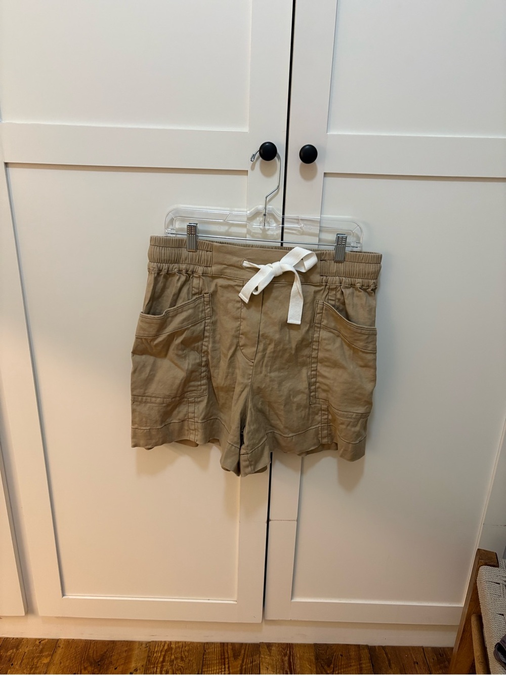 Maeve Khaki Drawstring Cargo Shorts with White Tie